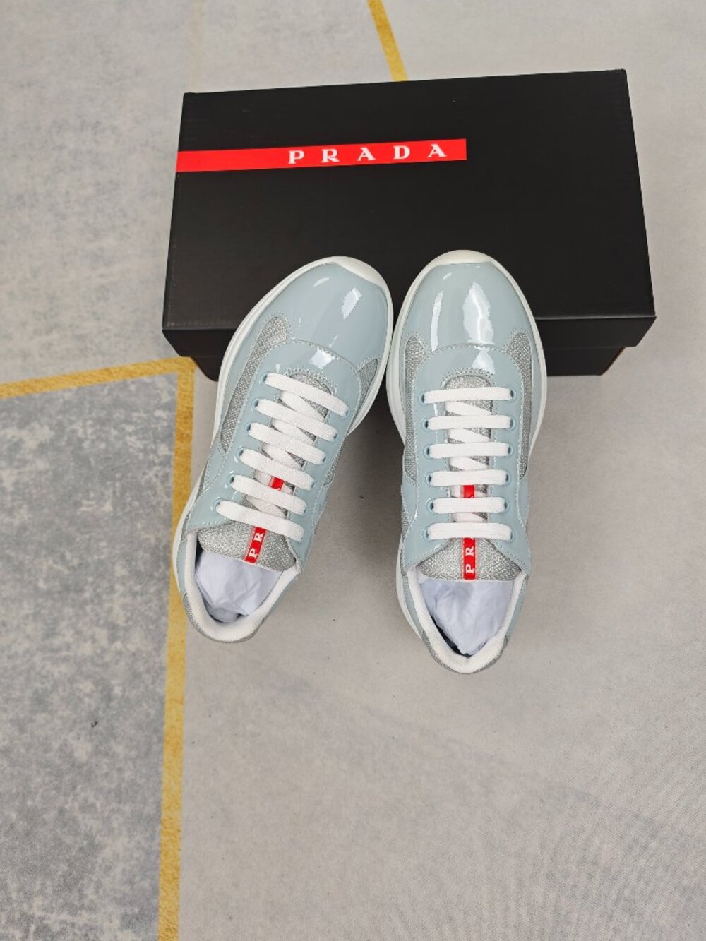 Prada America's Cup Sneakers, Light Blue Patent Leather & Mesh